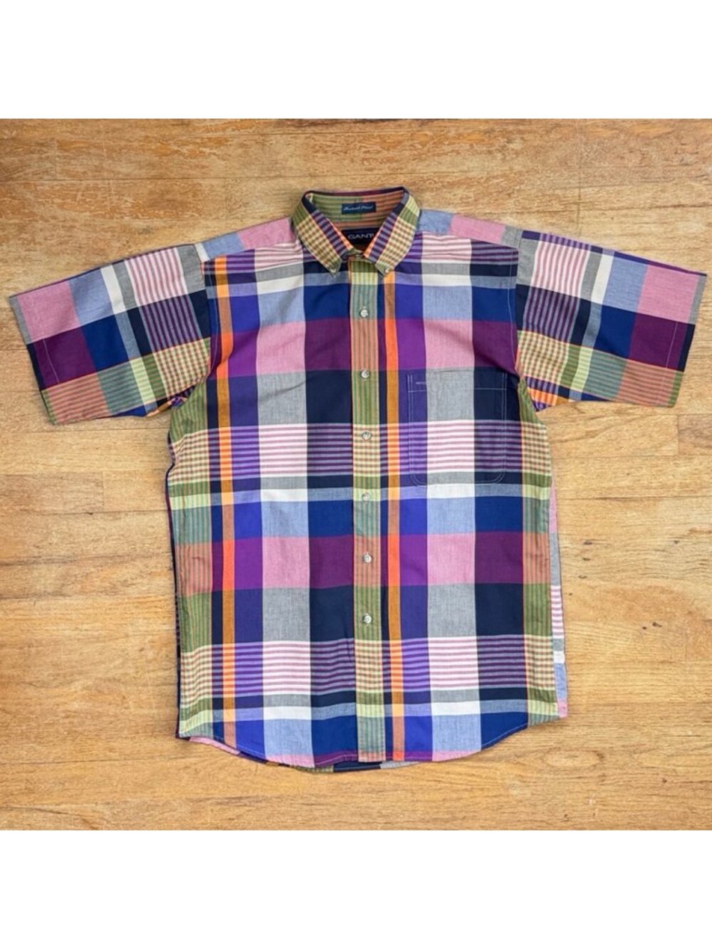 Vintage Mens Colorful Foxhunt Plaid Gingham Shirt Size Medium 80s Short Sleeve B